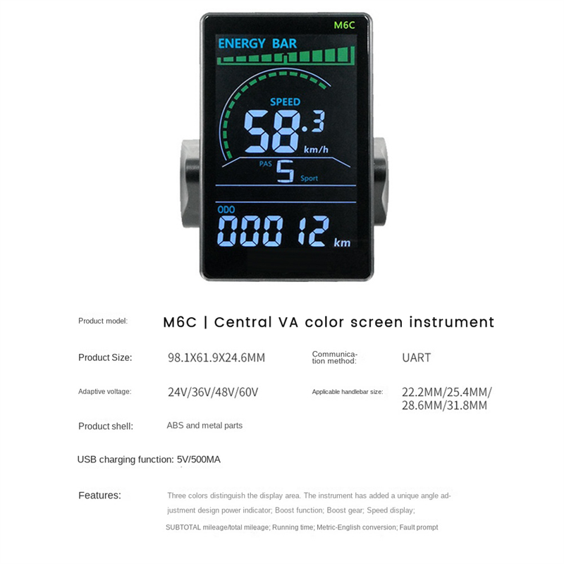 Medidor de display lcd para bicicleta elétrica m6c, 24v-60v, scooter, painel lcd, tela colorida com usb para bicicleta elétrica de montanha (5 pinos)