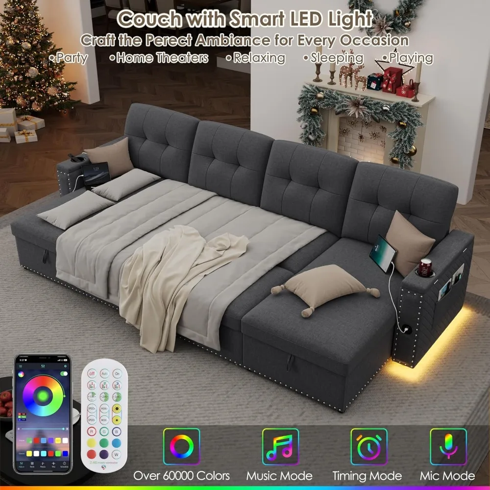 112" Sectional Pull Out Couches for Living Room with LED Lights & USB Port- Sleeper Sofa Couch w/Storage Chaise & Storage Armre