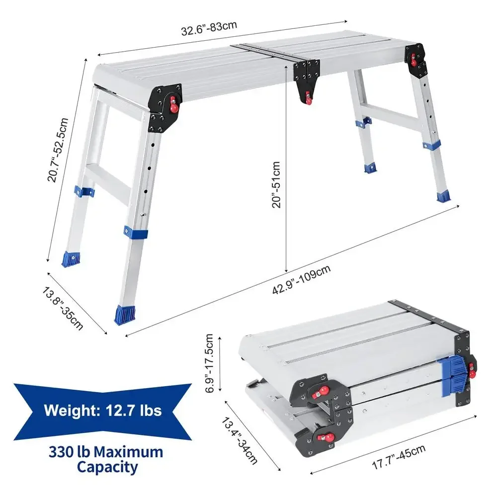 Adjustable Aluminum Folding Work Platform 330 lb Capacity Non-Slip Step Stool Easy Install Height-Adjustable Carry Handle