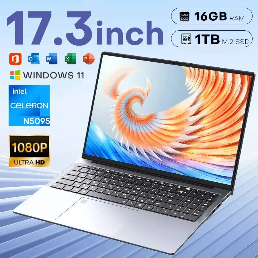 17.3 "Computer Laptop Intel Celeron N5095 16GB DDR4 1TB SSD Windows 11 Vingerafdruk Kantoor Laptops Notebook computer Draagbare PC