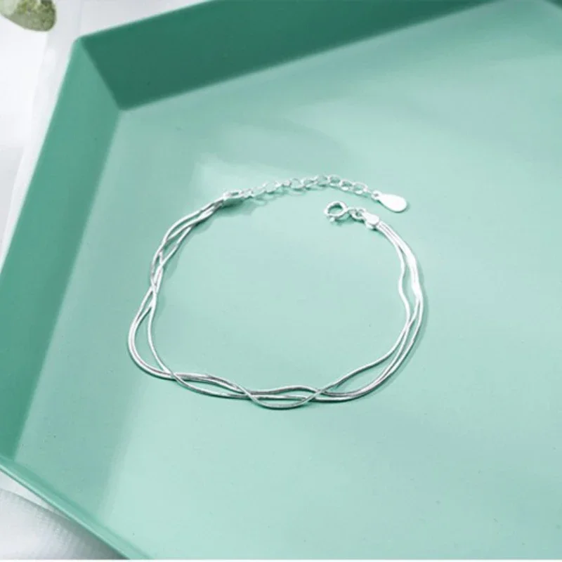 Simple Layer สร้อยข้อมือผู้หญิงเกาหลีแฟชั่นเงิน 925 เครื่องประดับแฟชั่น 925 เงินสเตอร์ลิงสร้อยข้อมือผู้หญิง