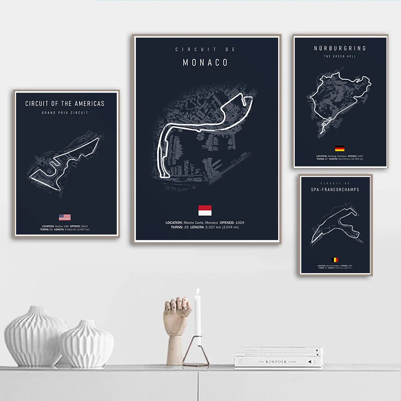 F1 이모라 모나코 트랙 서킷 캔버스 페인팅 포뮬러 1 월 아트 북유럽 포스터, 미적인 모터스포츠 레이스 사진, 홈 데코