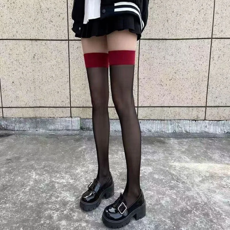 Calcetines largos por encima de la rodilla con borde rojo para mujer, medias altas hasta el muslo transparentes de encaje gótico, medias sólidas de seda fina Punk JK