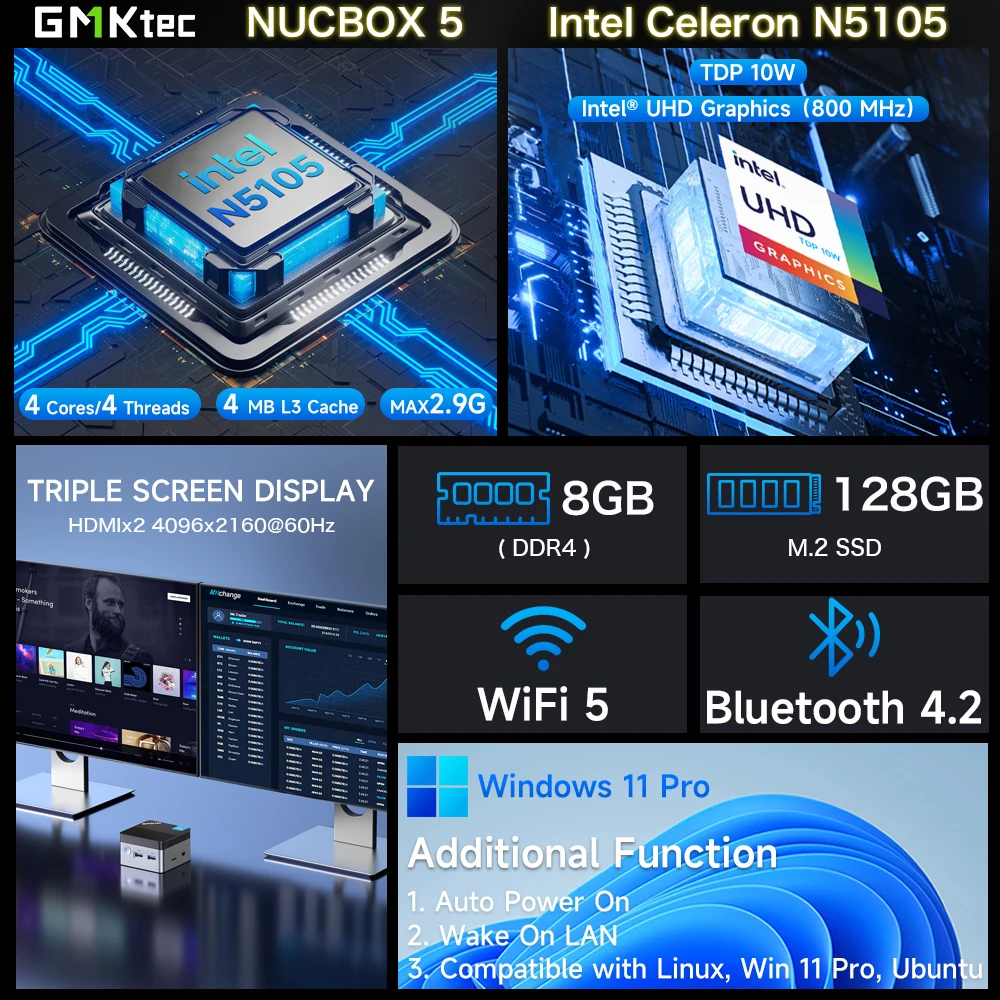 GMKtec KB5 Mini PC Intel Celeron N5105 Windows 11 Pro 4C/4T DDR4 8GB RAM 128GB ROM WiFi5 BT4.2 Desktop Computer for Home/Office