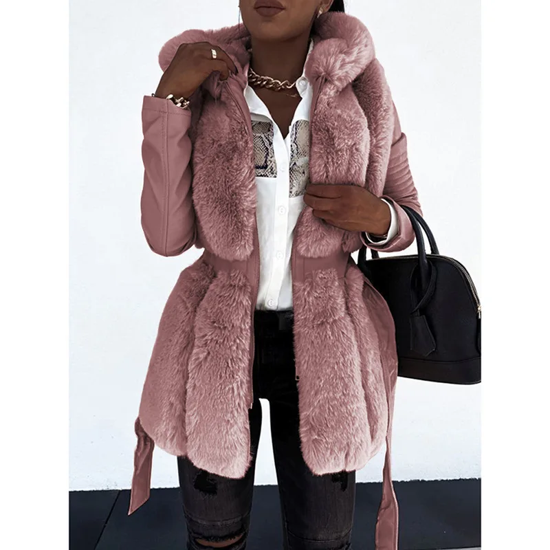 Manteau chaud en fausse fourrure pour femmes avec ceinture, manteau long épais, fermeture éclair à capuche, automne, hiver, nouveau, 2022