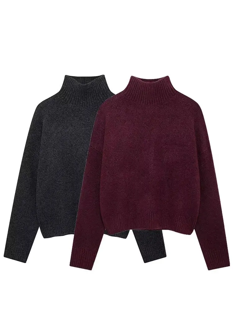 HH Mulheres Vintage Borgonha Suéter de Gola Alta Casual Manga Longa Pulôver de Malha Outono Inverno Mulheres Sólidas Malhas Quentes