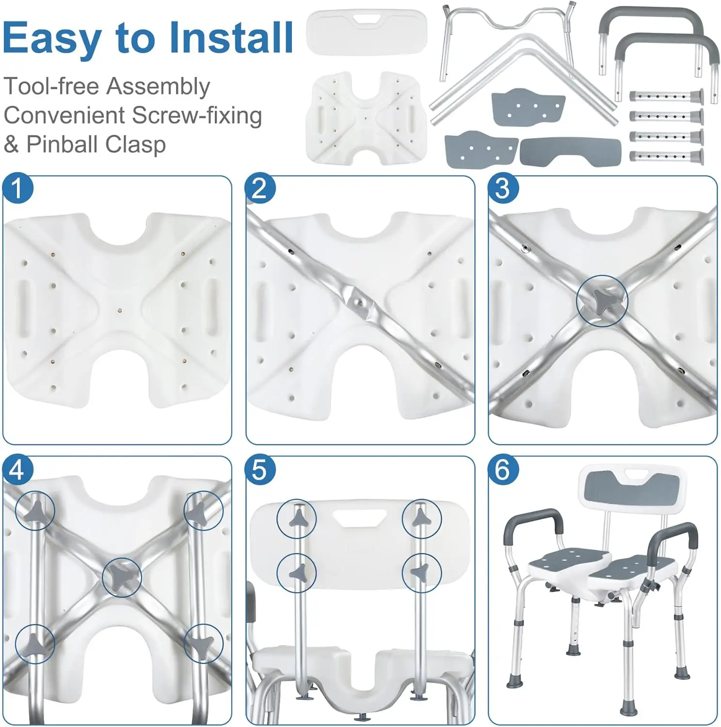Shower Stool with Hygiene Cut-Out, 6 Height Adjustable Shower Chair with Backrest Armrests Load up to 180kg with Non-Slip