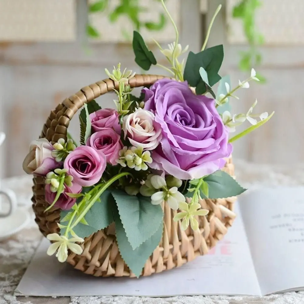 Cesta de boda tejida de ratán de sauce, almacenamiento de media luna de mimbre con asa, cestas de flores resistentes para niñas, contenedor de artículos diversos para Picnic en casa