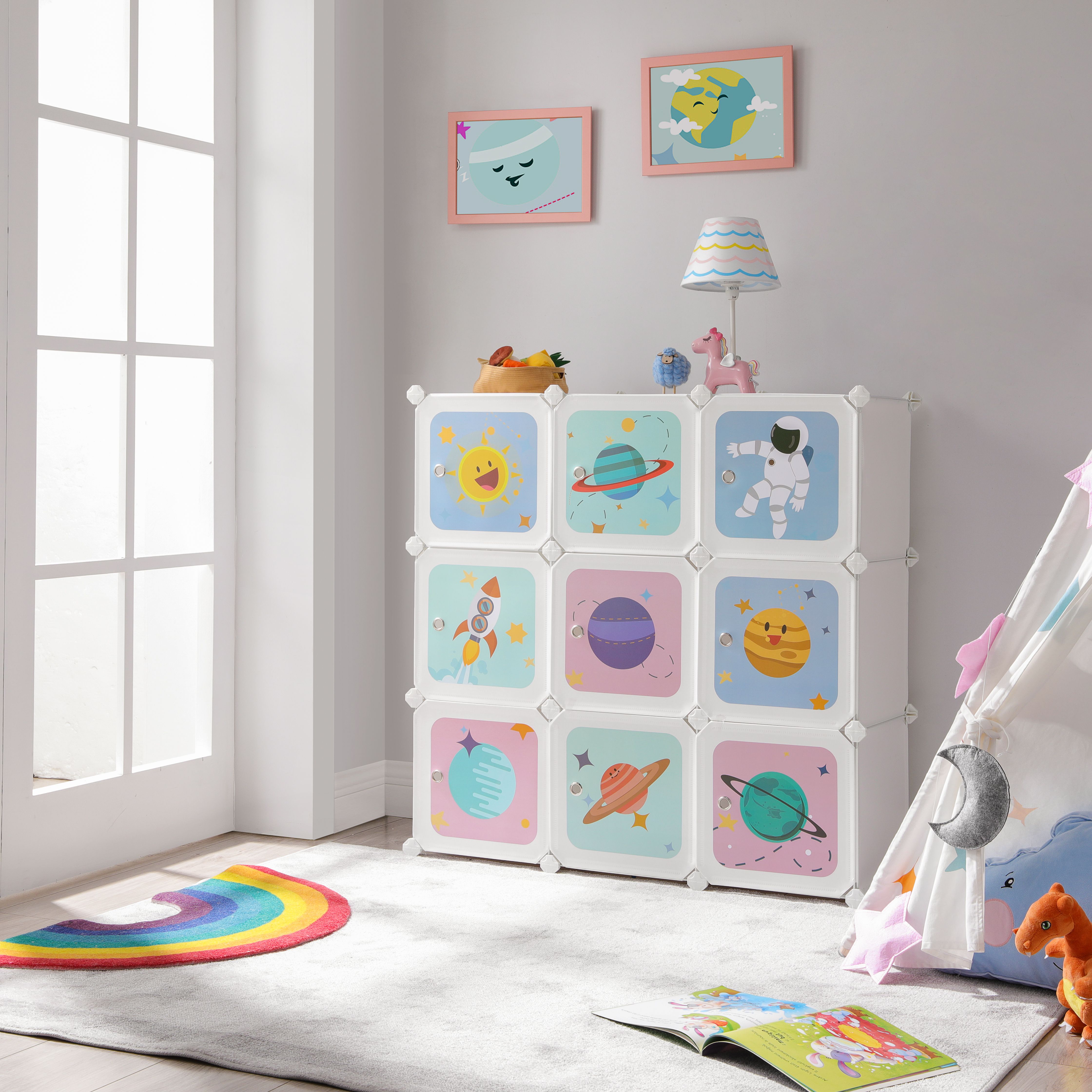 Librería infantil SONGMICS de 10 cubos: armario modular con puertas. Estantería de plástico para ropa, zapatos, juguetes. 123x31x123 cm. Blanco.