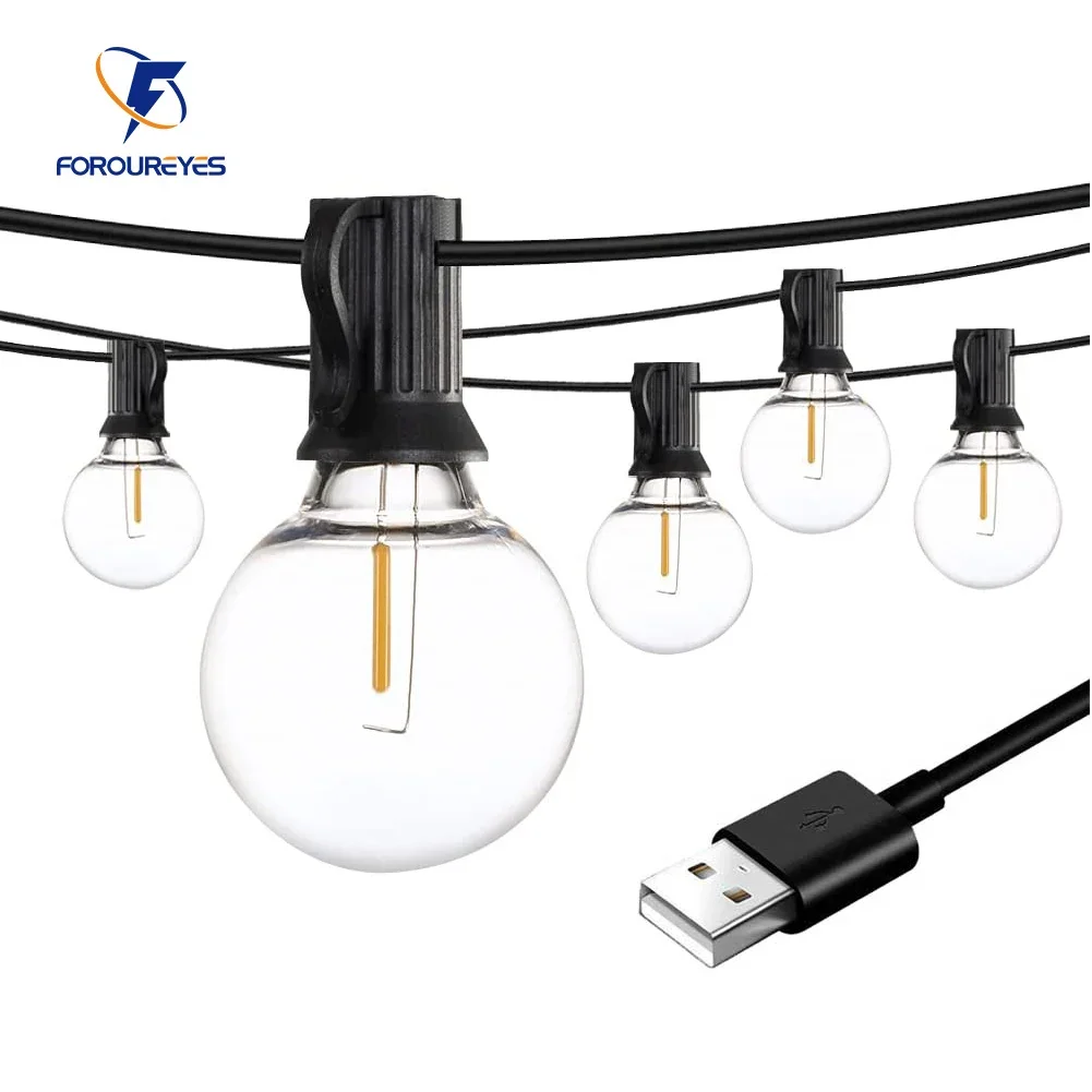 Luces LED USB de 100/50/25 pies, 5V, 1W, bombilla de plástico G40, tienda impermeable para exteriores, adorno de hadas para Patio, cadena de luces, decoración de boda