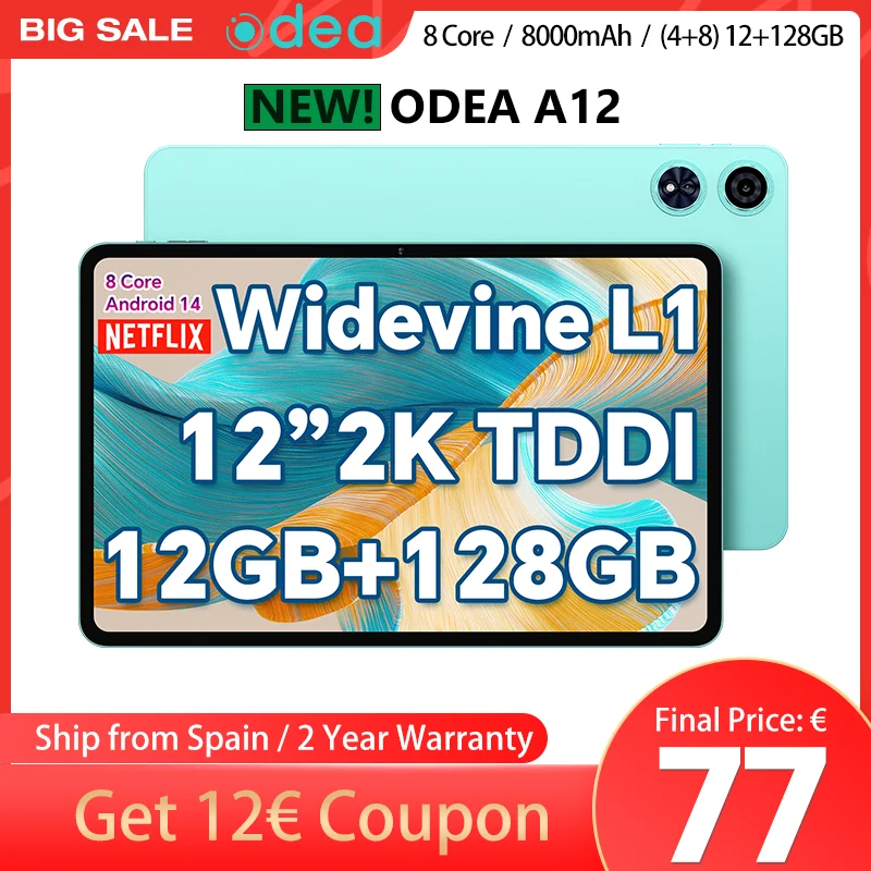 Odea A12 Android 14 tablet, T606 8-core, 4GB+8GB RAM 128GB ROM, 12 inch 2000x1200 scherm, 8000mAh, Widevine L1, 13MP camera