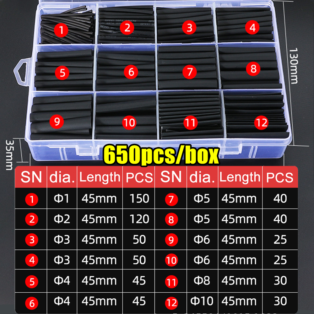 Schwarzes Schrumpfschlauch-Set, thermobeständiger Schlauch, Schrumpfdraht, Verpackung, elektrischer Anschlusskabel, Isolierhülsen, Schutz