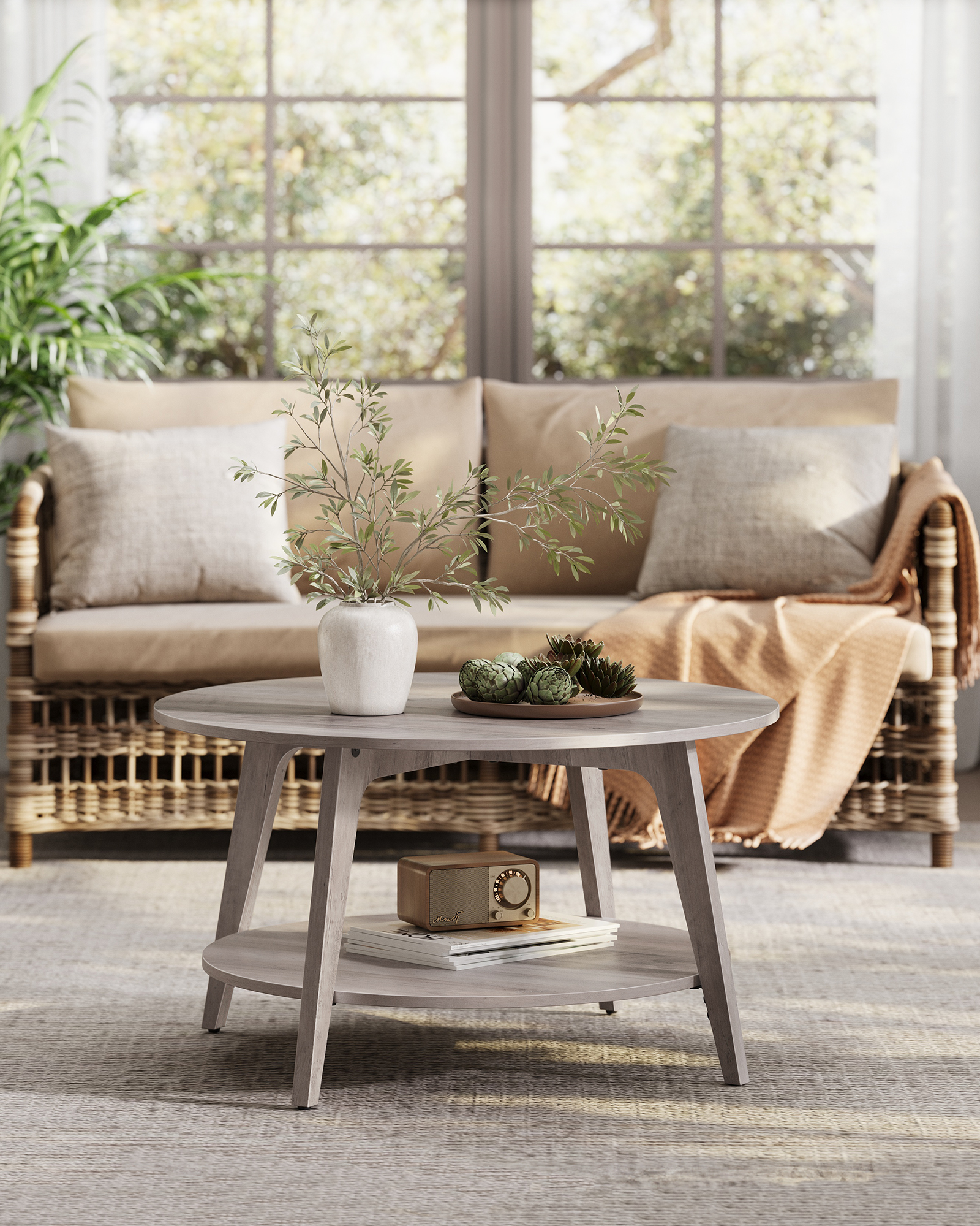 VASAGLE Couchtisch, Wohnzimmertisch 2 Ebenen, ∅80 x 45 cm, einfach zu montieren