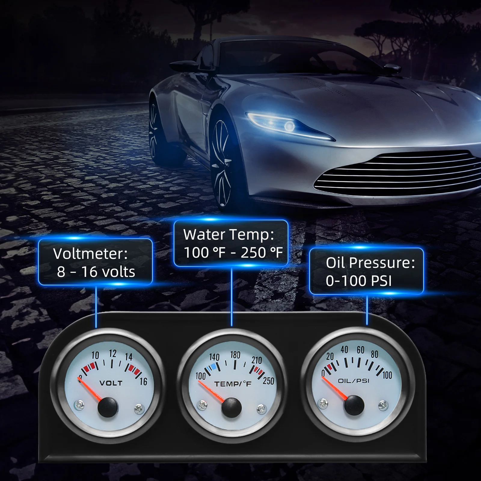 Voltímetro 3 em 1 8-16V Temperatura da água 100-250 ° Kit de medidor de pressão de óleo F 0-100psi com sensor triplo mete para caminhão SUV de carro