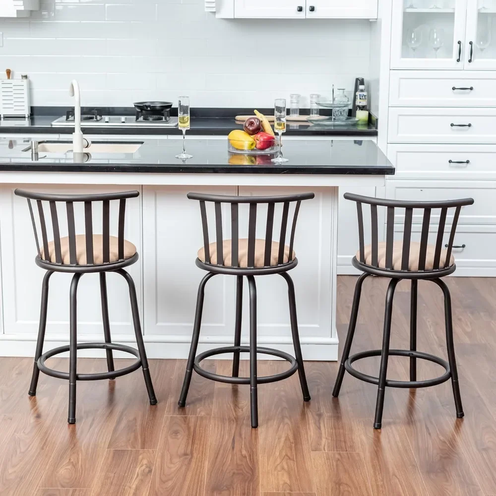 Bar Stools 24 Inches Set of 3, Modern Metal Counter Height Bar Stools with Back,Suede Swivel Round Bar Chairs