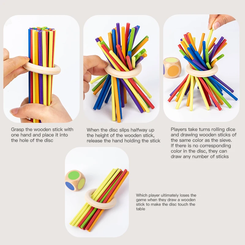 Wooden Stick Board Game Parent Child Interaction Montessori Wooden Toys, 4-sided Acrylic Cylinder Game, Stick Picking Game