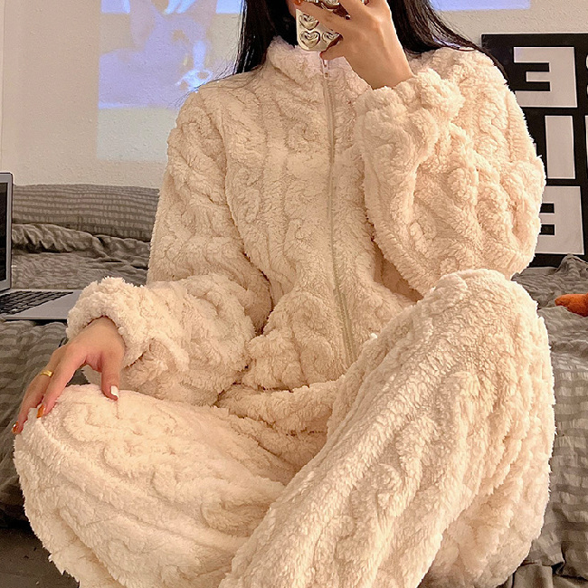 Conjunto de pijamas de franela de talla grande para otoño e invierno, ropa de dormir femenina, traje de pantalón grueso de lana Coral, ropa de salón con cuello alto, ropa de casa