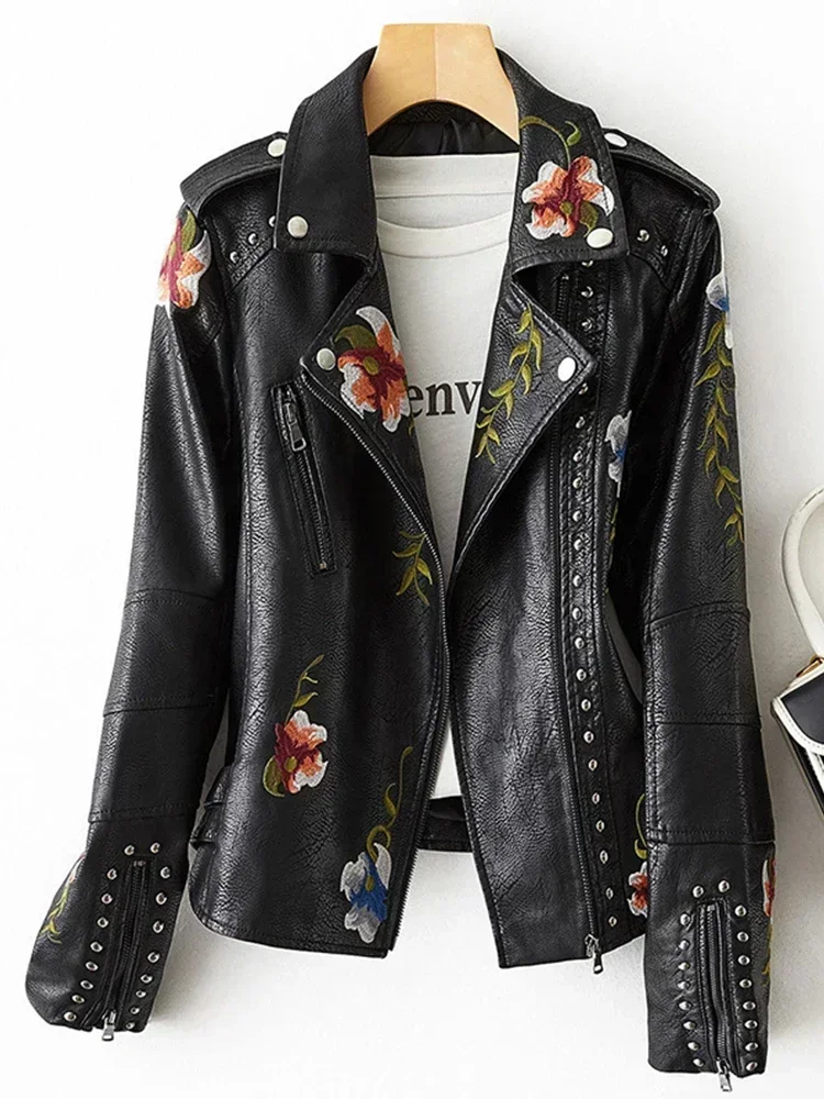 Nouveau femmes manteau en cuir rétro imprimé fleuri broderie Faux veste en cuir souple col rabattu Pu Moto Biker noir Punk vêtements d'extérieur