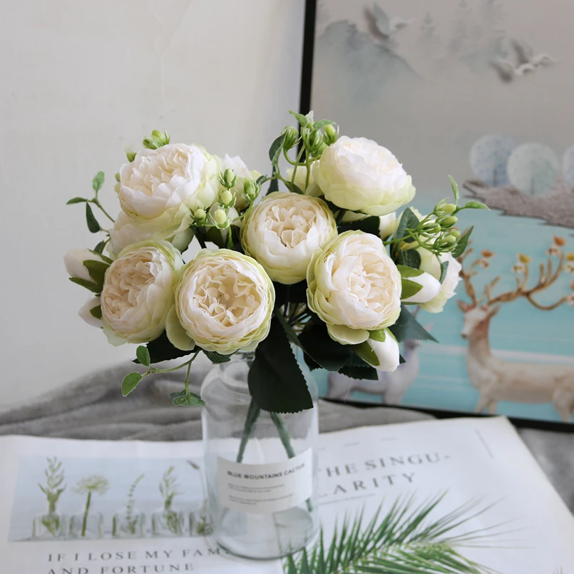 1 Bundle ประดิษฐ์ดอกกุหลาบดอกไม้ผ้าไหม Peony Bouquet ตกแต่งอุปกรณ์เสริมงานแต่งงานสมุดภาพพืชปลอม DIY Pompons