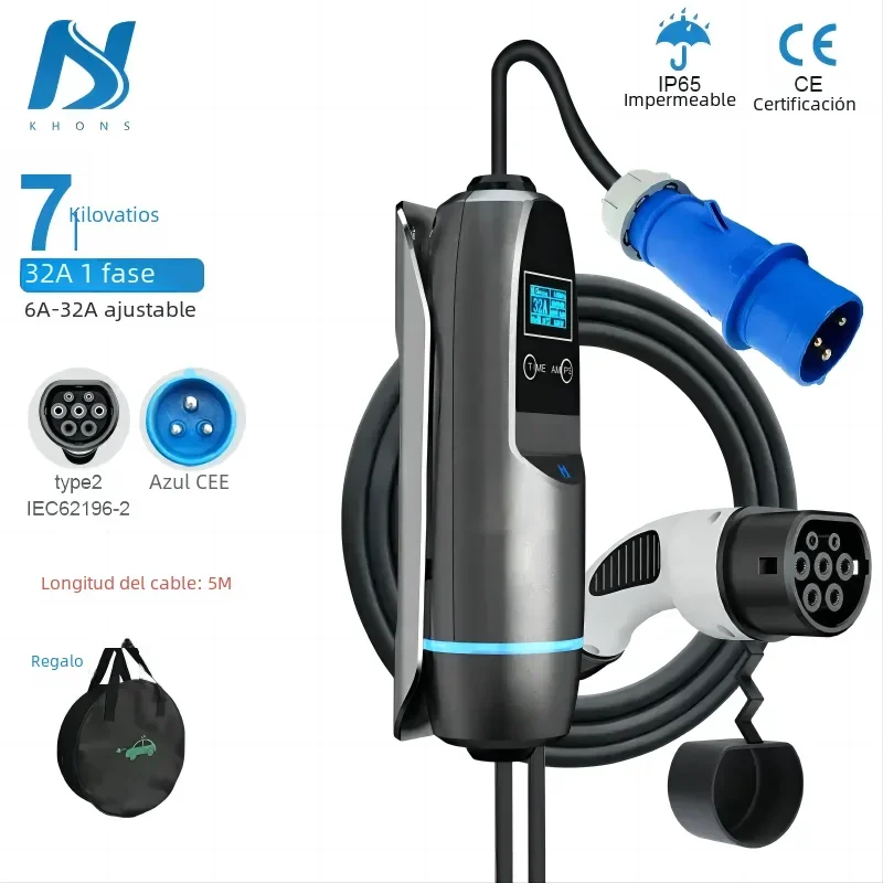 Cargador de vehículo eléctrico Khons de 7kw, cargador portátil EV monofásico de 32A, Cable de carga tipo 2 de 32A, estación de carga EV con enchufe CEE