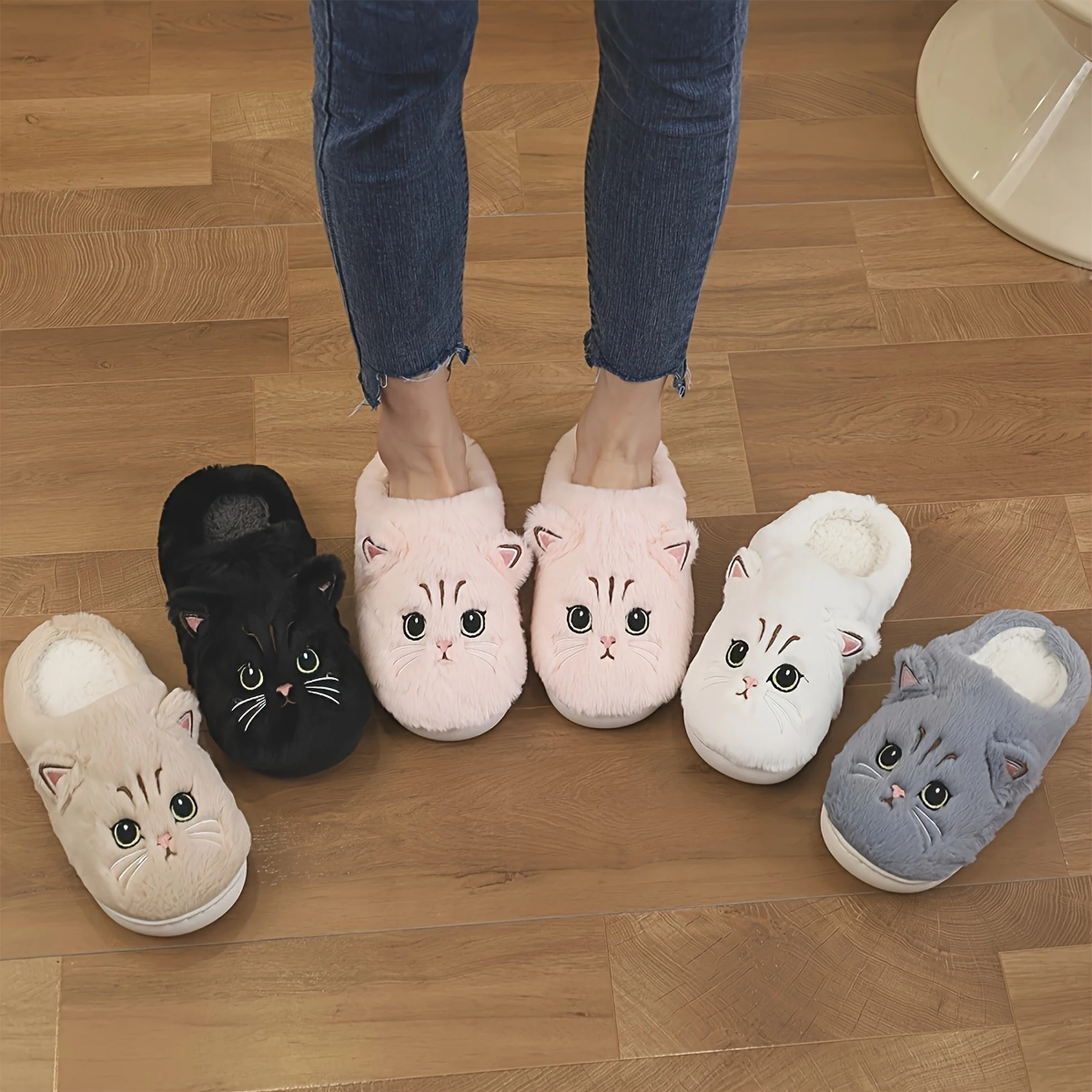 Chinelos de pelúcia para casa, design fofo em forma de gato, presentes casuais para membros da família, casais, amantes de gatos, mulheres
