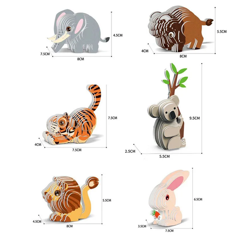 3D DIY Puzzle Animal Theme Lion Tiger Rabbit Model Cartoon Paper Toy Kids Early Learning Assembly Three-dimensional Jigsaw Toy
