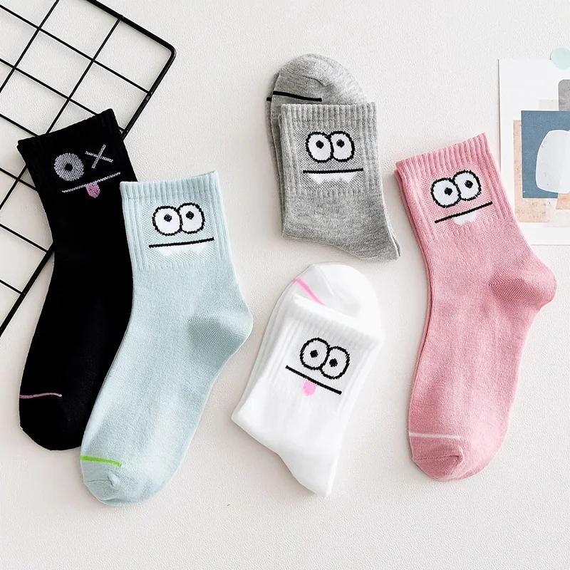5/10 pares de calcetines tobilleros con estampado de expresión bonita para mujer, calcetines cortos cómodos interesantes de tubo medio para primavera y otoño, calcetines cortos Kawaii para niñas
