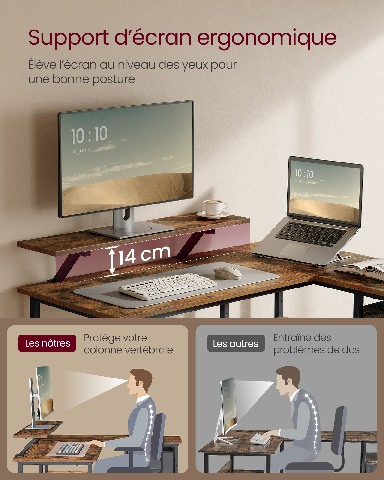 VASAGLE Bureau en Forme de L avec 2 Tiroirs Spacieux, Bureau Gaming avec Support pour Écran, Bureau d’Angle, Bureau d’Ordinateur avec Étagère Réglable, pour Bureau