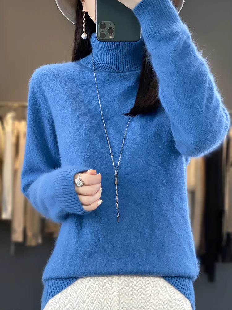 100% Mink Cashmereเสื้อกันหนาวผู้หญิงBasic BottomingหญิงPulloverแขนยาวใหม่เสื้อถักเสื้อเปิดลงปกฤดูใบไม้ร่วงฤดูหนาว