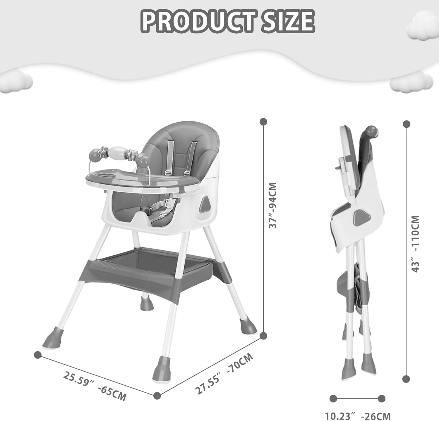 Cadeira alta para bebês 3 em 1, cadeiras de jantar portáteis dobráveis para bebês, cadeira alta conversível para comer e brincar com prato de jantar de camada dupla