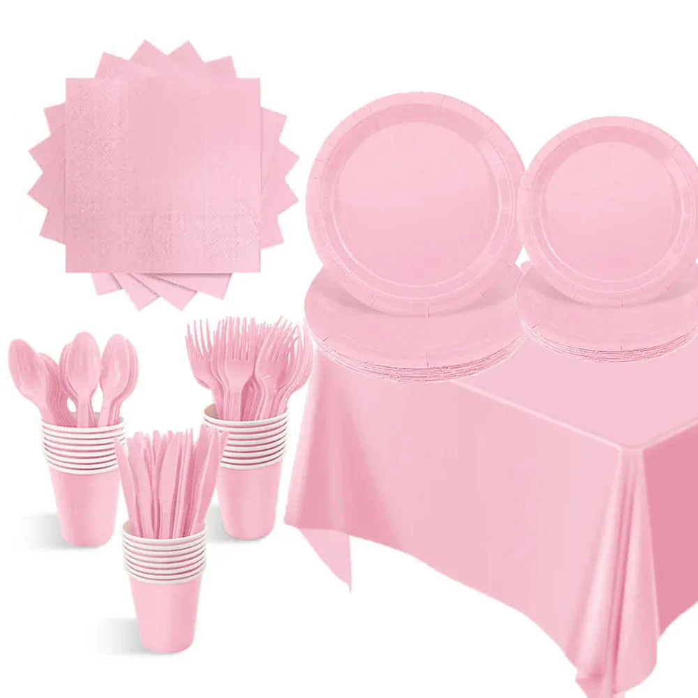 子供用の装飾的なピンクの食器,紙コップ,プレート,テーブルクロス,無地,ベビーシャワー用品,新品