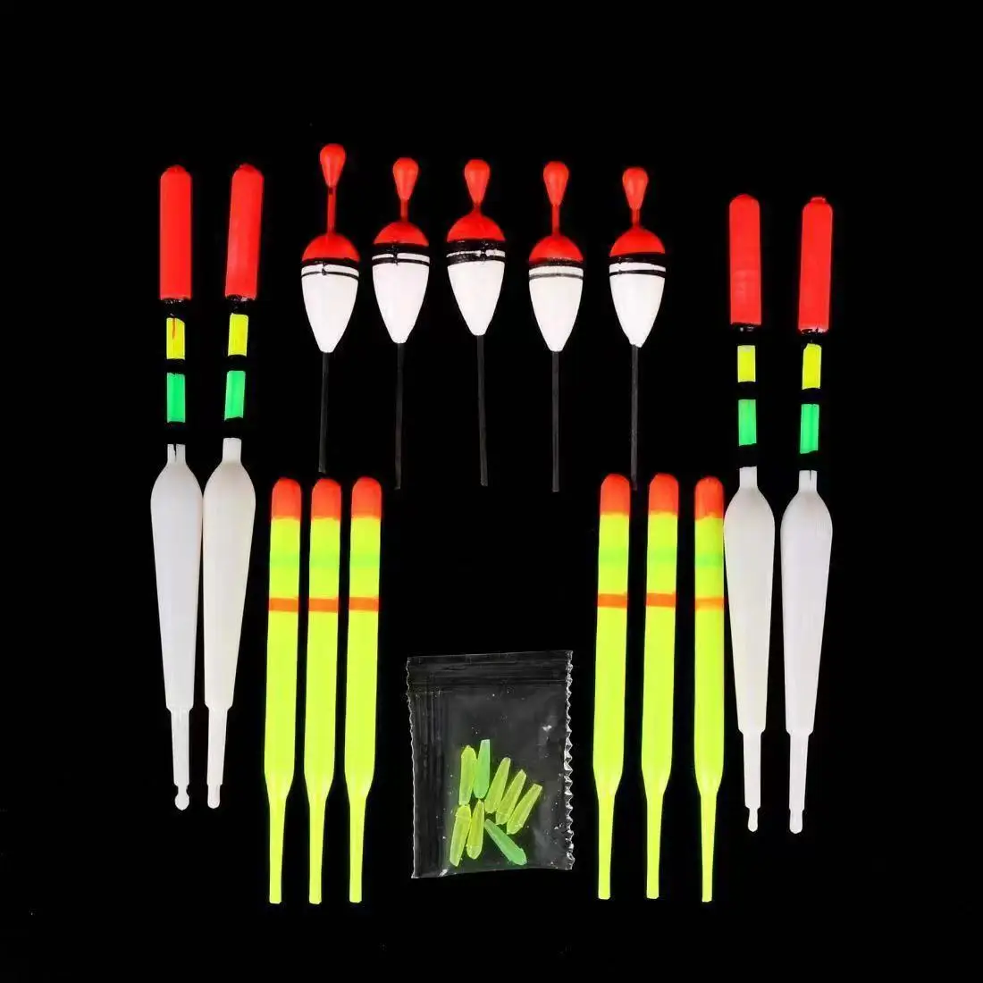 1 set (15 pezzi) galleggianti da pesca boa verticale mare con gomme dimensioni miste colore per attrezzi da pesca