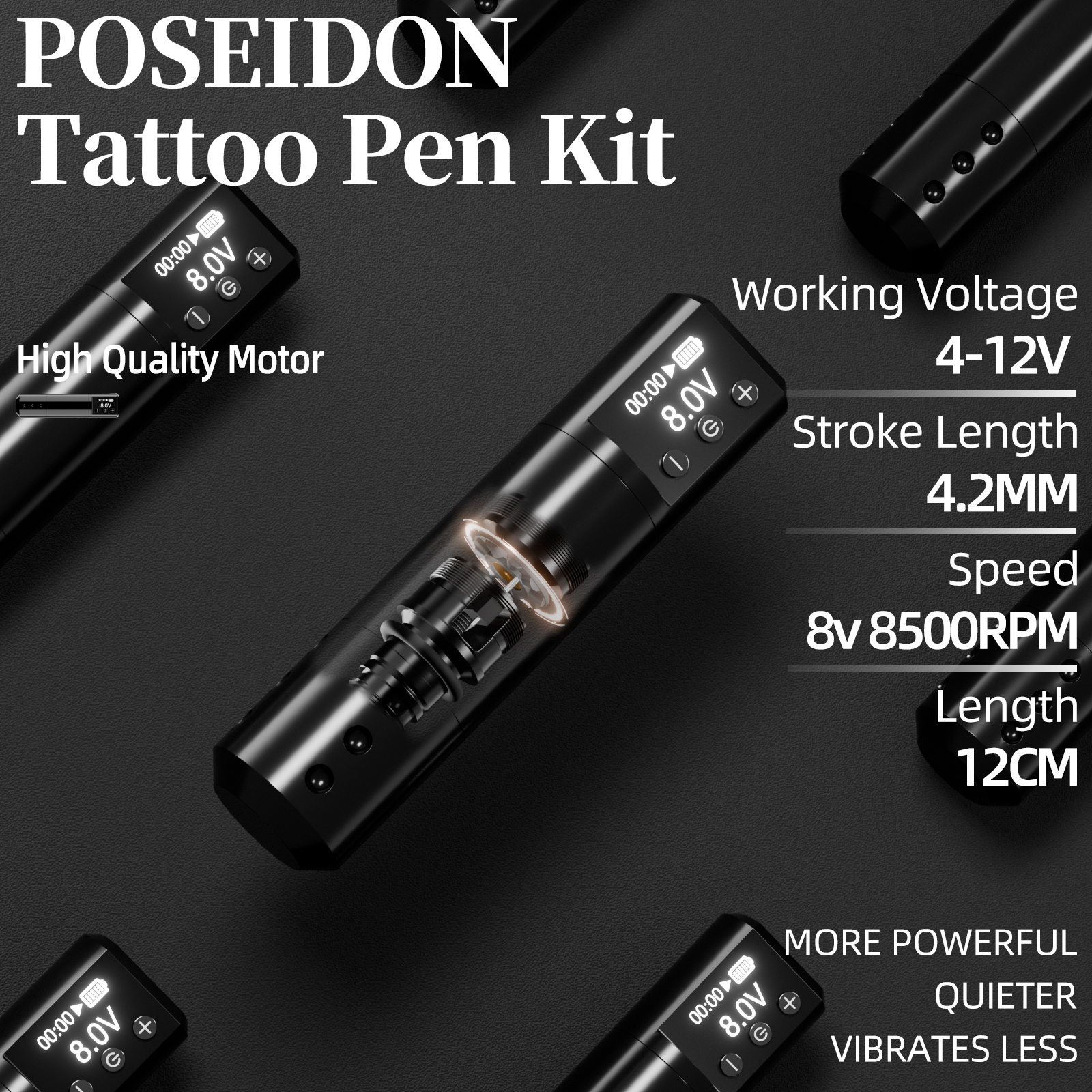 POSEIDON ชุดปากกาสักโรตารีไร้สายชุดเครื่องสัก Coreless มอเตอร์คุณภาพสูง Tattoo Gun Kit สําหรับศิลปินสัก