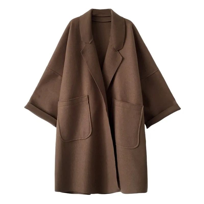 Elegant Woolen Trench Coat ฤดูหนาวผู้หญิง Vintage Windbreakers แจ็คเก็ตกลางความยาวหลวม Turn-Down Collar Plus ขนาด 4XL เสื้อสเวตเตอร์ถัก