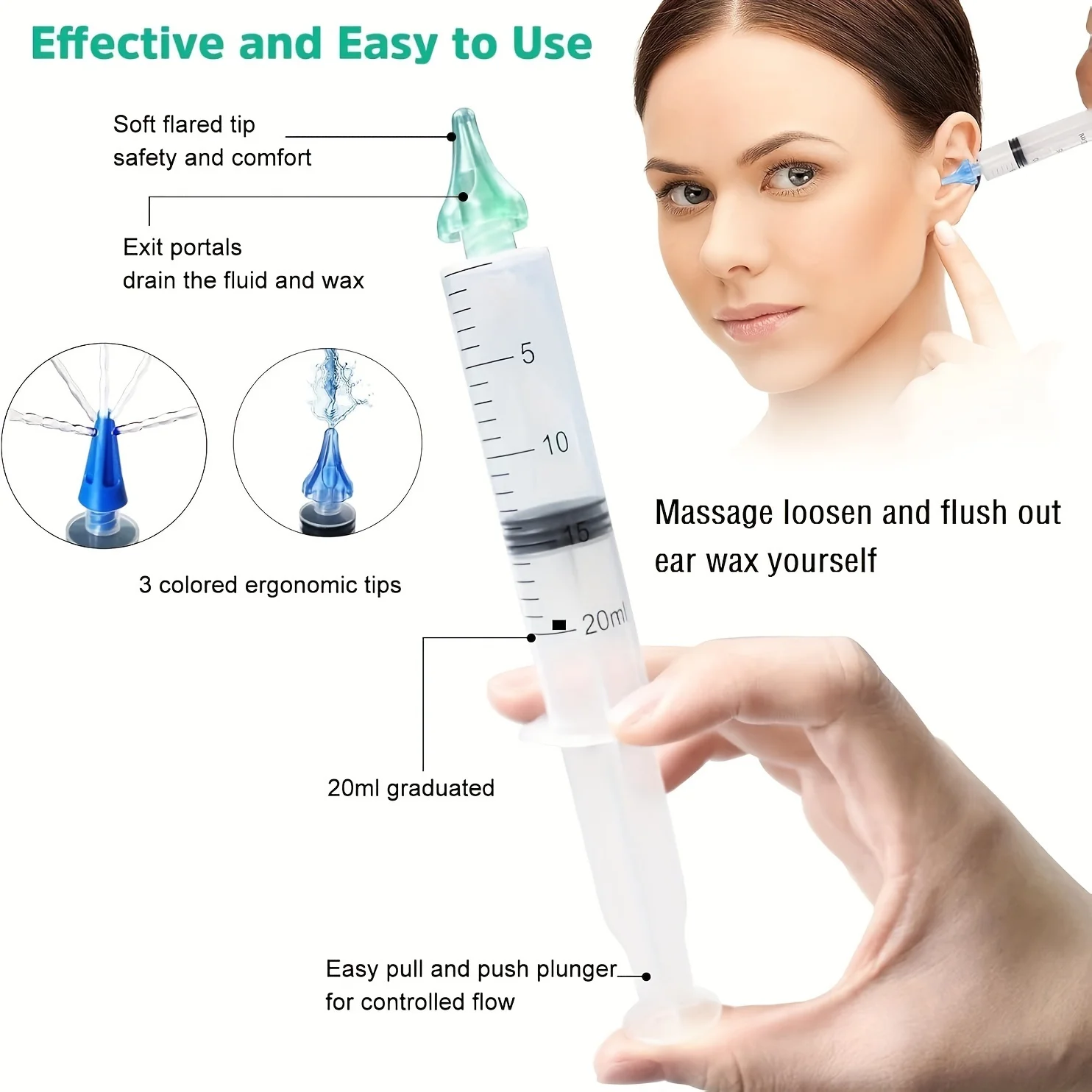 Kit de ferramentas de seringa de enxágue para remoção de cera de ouvido com bico de ponta de substituição de seringa de ouvido, kit de limpeza de orelha removedor de cera de ouvido, limpador de ouvido wa