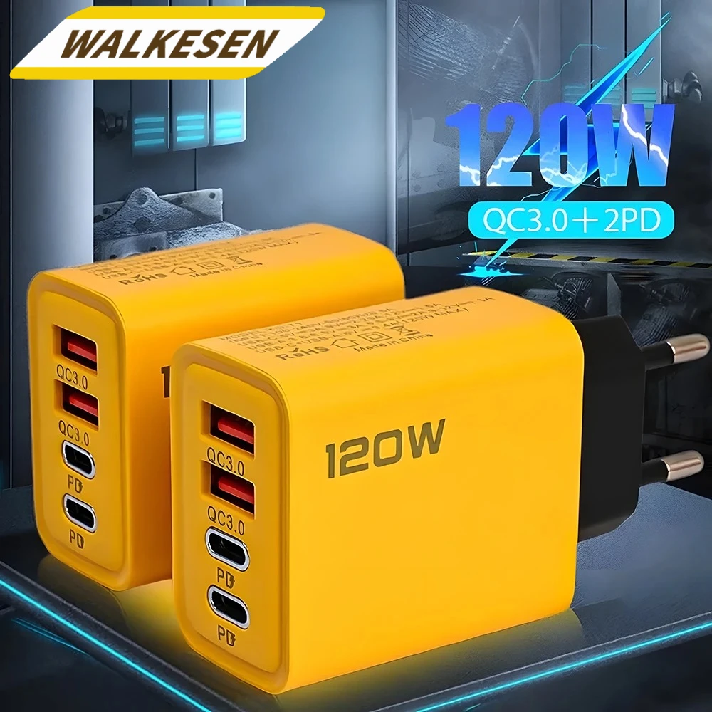 Cargador rápido USB Total de 120W, 4 puertos PD, carga rápida USB 3,0 tipo C, cargador de enchufe UE EE. UU. para Xiaomi iPhone 15 Pro Max, adaptador de pared