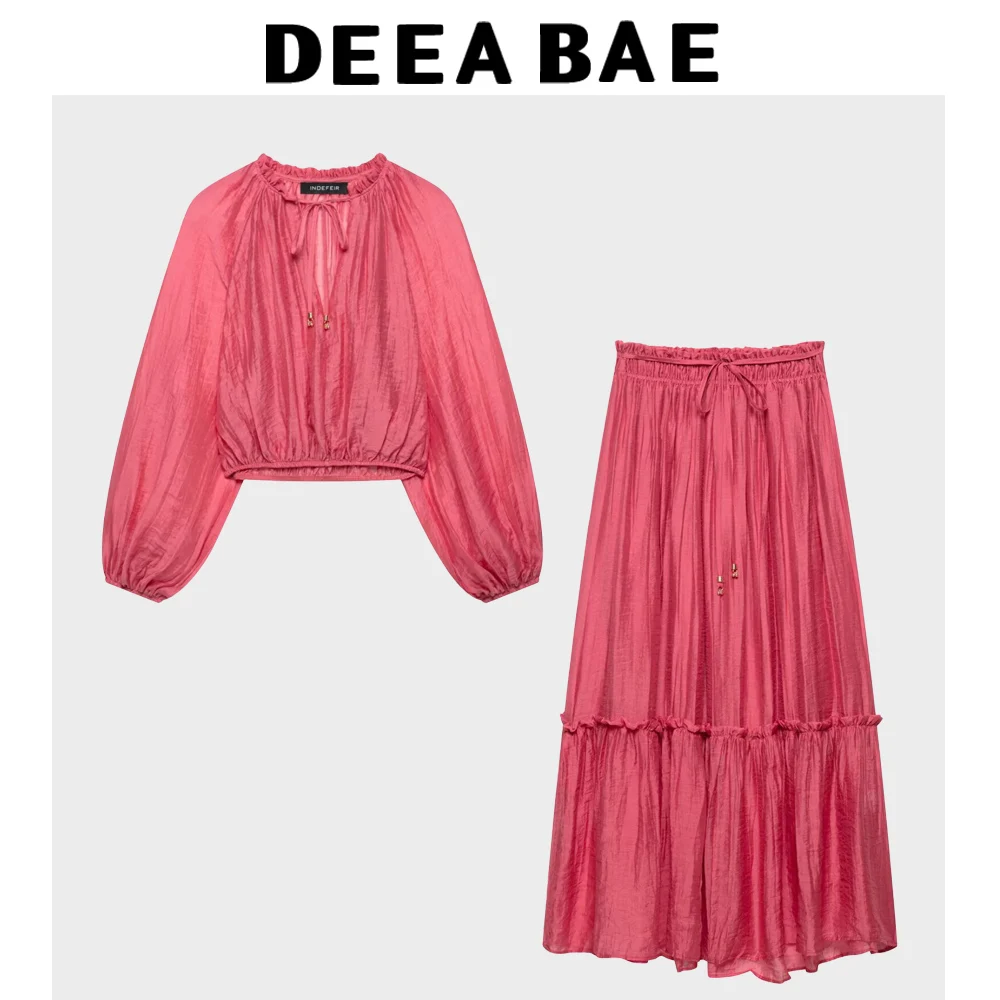 DEEABAE Sommer-Damen-Set mit langen Ärmeln, Falteneffekt, V-Ausschnitt, kurzes Oberteil, hohe Taille, lockerer und bequemer langer Rock
