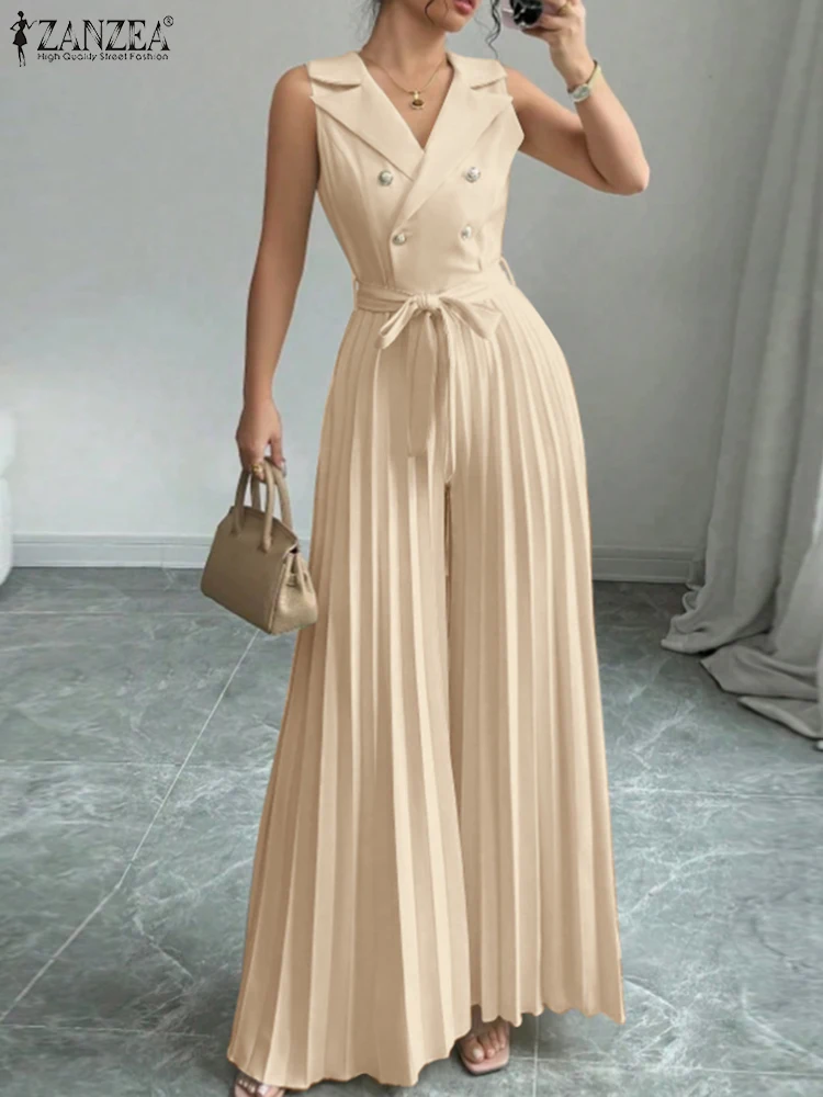Mode Frauen Overalls 2025, ZANZEA Sommer Strampler, Elegante Breite Bein Arbeit OL Overalls V-ausschnitt Ärmellose Plissee Overall Hosen