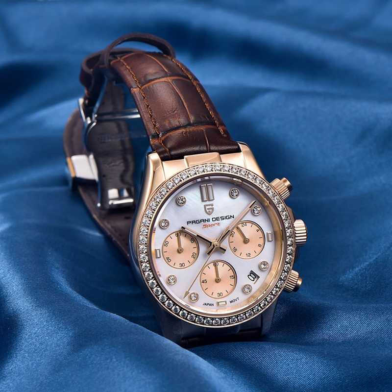 PAGANI DESIGN Damen-Automatik-Quarzuhr, luxuriös, Saphirglas, Leder, wasserdichte Uhr, multifunktionales Chronometer für Damen