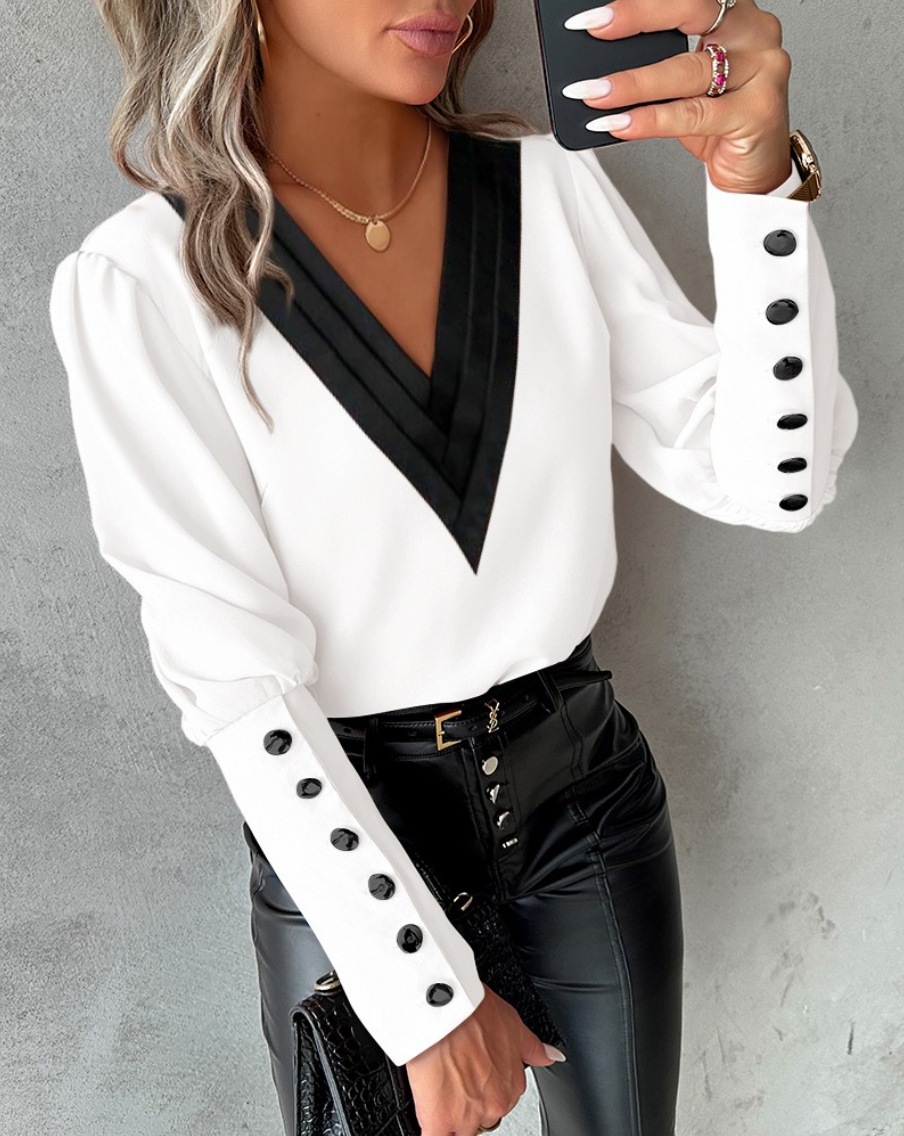 Camisa elegante para mujer, jersey con cuello en V a la moda, Color sólido contrastante, camisa holgada de manga larga con botones para mujer 2025