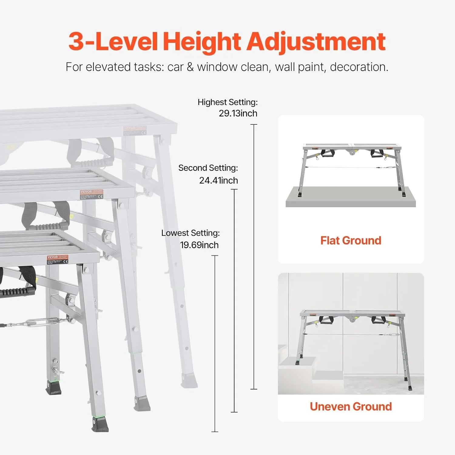 VEVOR Work Platform, 39"x 12" Portable Scaffolding Platform, Folding Steel Step Ladder Adjustable Height 19.7"-29.1"