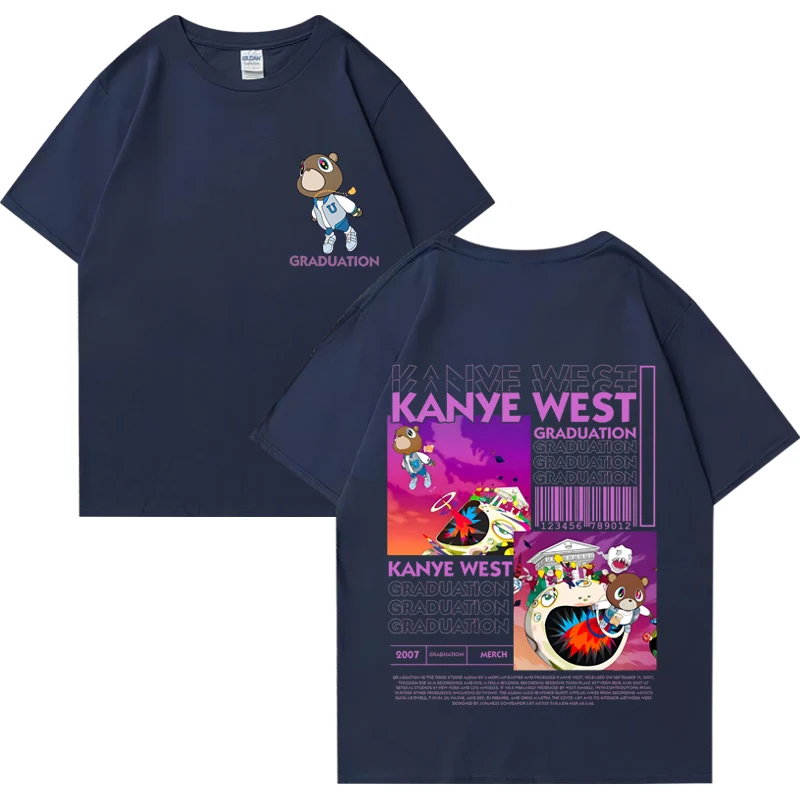 カニエウェスト卒業クマ両面プリント Tシャツ男性女性ファッションヒップホップクールトップス半袖ユニセックスコットン Tシャツ