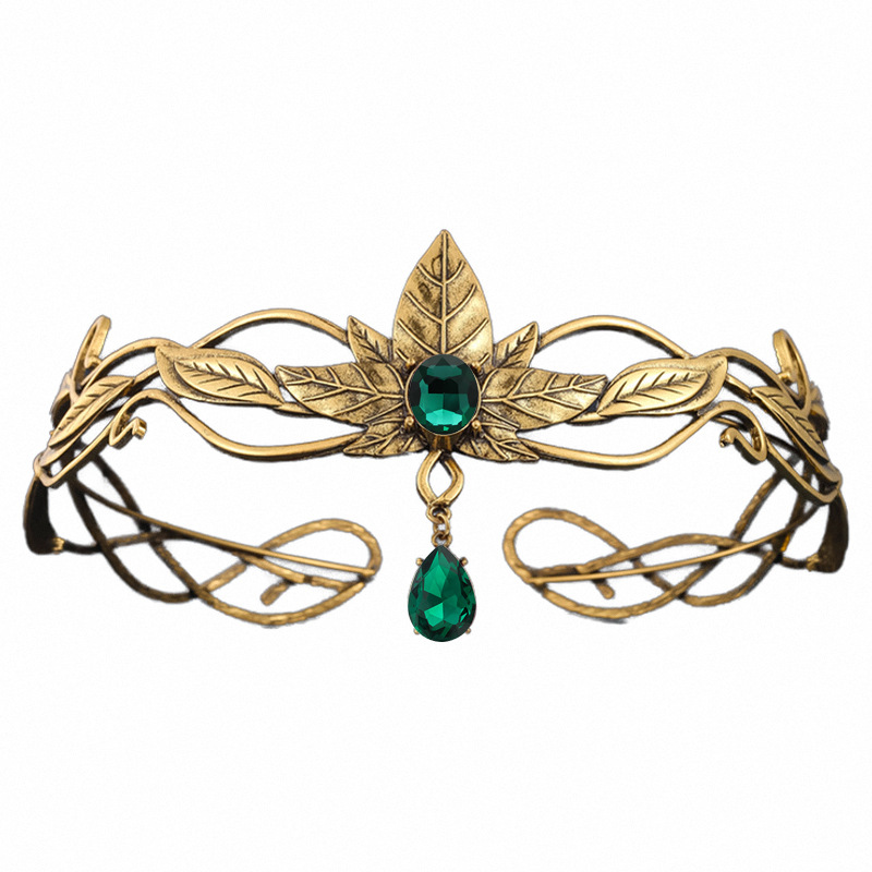 빈티지 골드 컬러 킹 라운드 엘프 크라운 크리스탈 여신 티아라 여성 남자 빈티지 잎 머리띠 Diadem 신부 헤어 액세서리