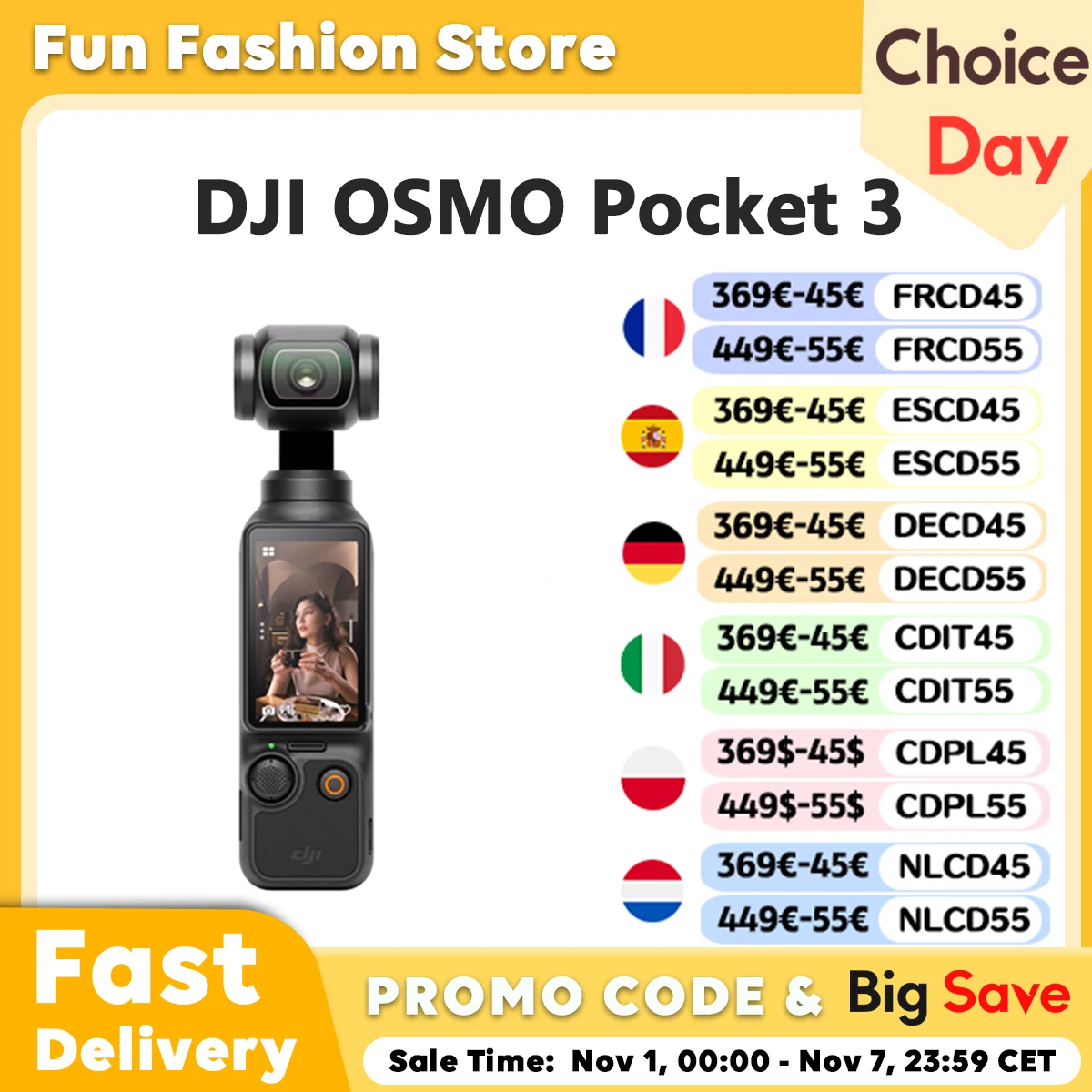 【Statek UE】DJI OSMO POCKET 3 ActiveTrack 6.0 Stabilizacja 3 osi 10-bitowy D-Log M ColorOSMO POCKET 3