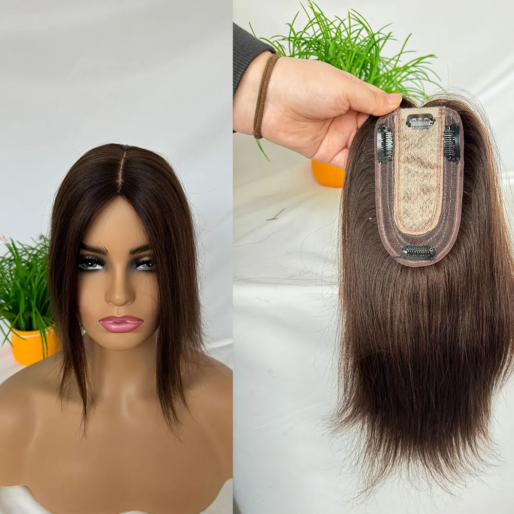 Toppers Voor Vrouwen Met Dunner Wordend Haar Echt Menselijk Haar Clip In Haarstukken 12in Middenscheiding Zijde Basis Haarstuk Toupet Pruik 3X5