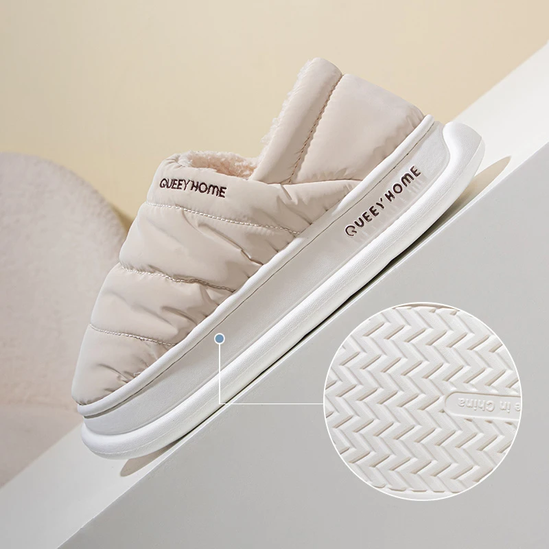 Queey บ้านฤดูหนาวผู้หญิงรองเท้าแตะ Plush ภายใน Anti SLIP Sole หนาด้านล่างรองเท้ากันน้ําด้านบนปิด-กลับรองเท้าแตะอุ่น Man