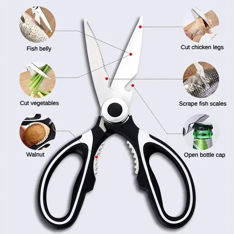 Tijeras de cocina multiusos de acero inoxidable, resistentes, aptas para lavavajillas, para cortar carne, aves de corral, pescado y botellas con apertura