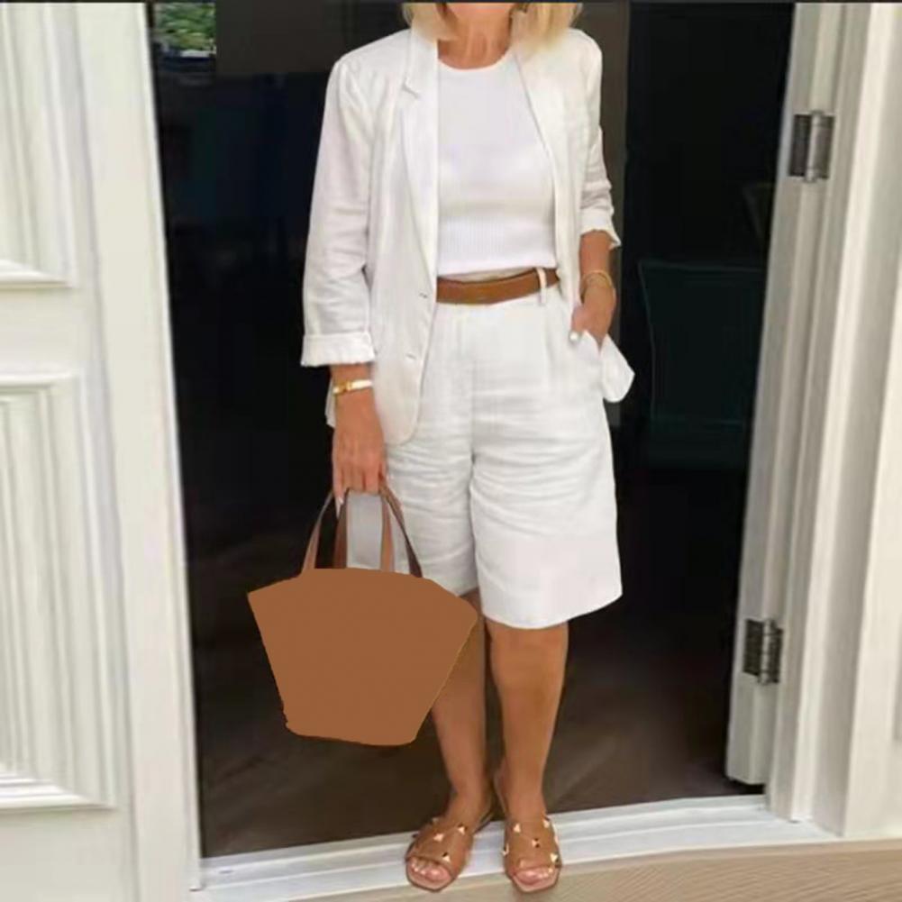 Blazer con temperamento de lino y algodón para mujer, traje con americana, conjunto de 2 piezas, cintura elástica, chaqueta fina para mujer, pantalones cortos, traje de verano