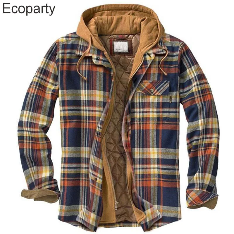 Homens jaquetas de inverno harajuku camisas xadrez casacos com capuz zíper manga longa camisas casuais básicas jaquetas estilo europeu tamanho S-5XL