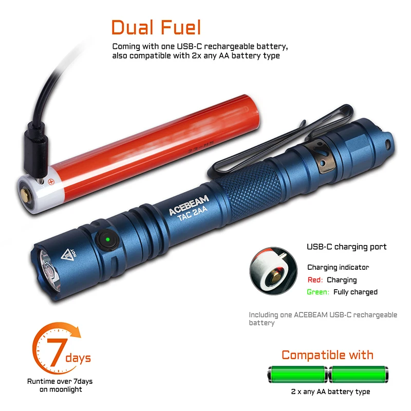 ACEBEAM TAC 2AA linterna LED 1400 lúmenes 304 metros linterna EDC portátil USB-C batería recargable antorcha de doble botón